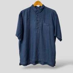美品 90s Issey Miyake 綿麻混バンドカラープルオーバー半袖シャツ