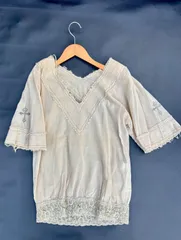 00s HYSTERIC GLAMOUR ヒステリックグラマー ヒステリックス Hysterics Vネック 半袖 カットソー 薄手 フリンジ レース 刺繍 3AH-3680のサムネイル