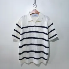 SS新作) ボーダー柄オープンカラー半袖ニット 3color
