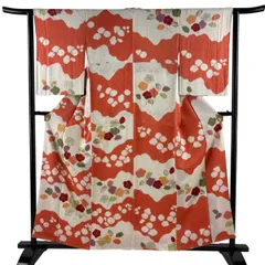 小紋 身丈159cm 裄丈62cm S 袷 草花 地紋 金彩 絞り オレンジ 正絹 秀品 【中古】