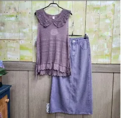 レイヤードサイドスリット ニット＆パープル コットンロングカットスカート
