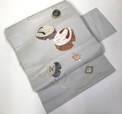 夏帯 アイボリー 葡萄鼠 レース柄 涼やか 上品 大人可愛い 夏着物に