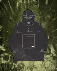 XL STUSSY スティッチ ディテール ナイロン フード アノラック ジャケット ブラックのサムネイル