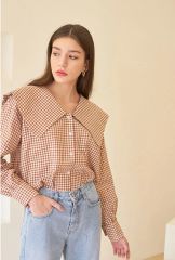 Estella.K エステラケー ギンガムチェック ブラウン ブラウス フリル 