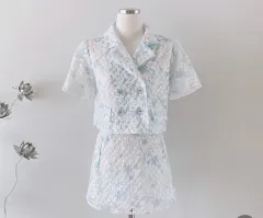 ブルー フラワー 刺繍 セットアップ