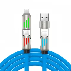 4in1 USB マルチコネクタケーブル, Type-C/A - Type-C/ライトニング対応, 最大60W急速充電, 480Mbpsデータ転送, 1m, LEDコネクタ搭載タイプ (ブルー)