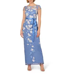 アドリアナ パペル レディース トップス ワンピース フラワー柄 フラワー Adrianna Papell Cascading Floral Embroidery Illusion Boat Neck Short Sleeve Gown French Blue