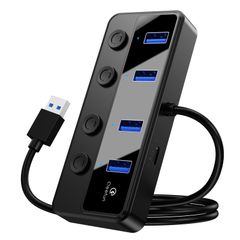 QEEFUN USB 3.0 Hub, 5Gbps High-Speed ​​Transfer, with Charging Port, 5V/3A Type-C Power Supply Port, 60cm Cable Length, USB Expansion, Independent ON/OFF Switch, LED Indicator, Compatible with PC/HDD/SSD/PS4/PS5 etc., for Teleworking, Remote Work, Home Office, etc.