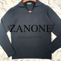 極美品/サマーウール素材●ZANONE ザノーネ やや薄手 イタリア製 ブラック 黒 スキッパー ニット セーター ミドルゲージ ジャガード織 46/M