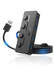Aceele USB ハブ 5 USB ポート USB 3.0 ウルトラスリム ハブ - 給電用ポート 独立スイッチ付き 上差込タイプ 表示灯  延長ケーブル 5Gbps 超高速 軽量 PC MacBook/Chromebo ...