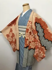 【中古】Mサイズ 羽織 正絹 橙色地に花車模様