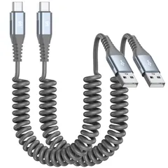 USB Type Cケーブル 【2.8M/2本セット】コイル型 伸びる USB-A to USB-C ケーブル QC3.0 急速充電 タイプC 高速 3A TPU素材 Type Cスプリングライン 伸縮自在 便利 iPhone 17 16/iPhon ...