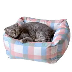 MeowMate ぐっすり眠る 猫のベッド【肉厚タイプ】チェック柄 スクエア型 50cm×45cm かわいい クッション付き 取り外し可能 滑り止め ペットベッド 犬 通年 オールシーズン対応