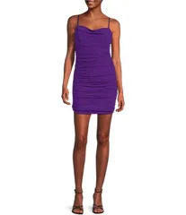 ハニーアンドロージー レディース トップス ワンピース Honey and Rosie Adjustable Spaghetti Strap Cowl Neck Fitted Short Shirred Dress Purple パープル
