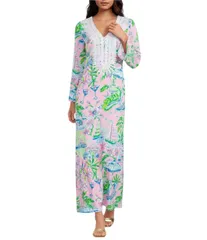 リリーピュリッツァー レディース トップス ワンピース Vネックレープ レーストリム プリント サテン レース マキシ Lilly Pulitzer Ocleppo Satin Back Crepe Sunny Dee Print Lily Lace Trim