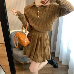 レディース カラーネック ニット セットアップ ニットスカート ケーブルニット スカート セット