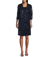 アレックスイブニングス レディース トップス ワンピース クレープ スキューバ スパンコール ジャケット Alex Evenings Stretch Scuba Crepe Sequin 2Piece Jacket Dress Navy ネイビー