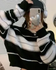 新品) ストライプ 長袖 クロップド ニット