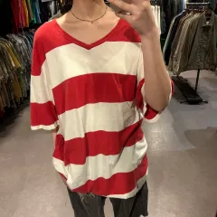 (655)VTG ヴィンテージ レッド 白 ボーダー柄 Vネック 半袖 Tシャツ