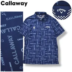 【美品】 キャロウェイ Callaway 半袖 鹿の子 ボタンダウン ポロシャツ ロゴ プリント 刺繍 サイドスリット L 総柄 ネイビー ゴルフ スポーツ カジュアル メンズ