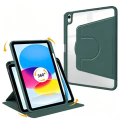 iPad Mini 第 6 世代 第 7 世代 用 ケース 8.3 インチ 縦置き対応 360° 回転スタンド付き 背面クリア 透明バックカバー アップルペンシル収納 耐衝撃 軽量薄型 オートスリープ機能搭載，ダークグリーン
