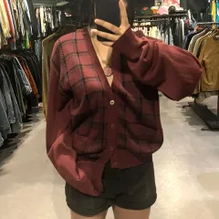 (460) YVES SAINT LAURENT イヴ・サンローラン バーガンディ CHECK カーディガンのサムネイル