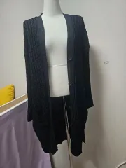 ブラック ケーブル編み ニット ロング カーディガン