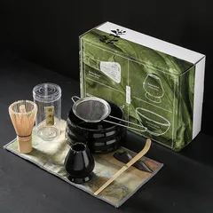 Yoseka 抹茶茶碗 セット 茶道7点セット 茶道具 百本立 茶せん 竹製 茶筅・茶筅立て・茶杓・茶こし・抹茶茶碗 初心者向け お点前セット（ブラック） 0