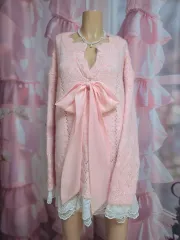 タグなし新品 Vネックリボンレース ロングニット