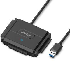 Unitek IDE SATA 모두 지원 USB3.0 드라이브 교체 어댑터 2.5/3.5 인치 HDD SSD 광학 드라이브 지원 컨버터 최대 18TB 5Gbps 12V/2A 전원 어댑터 포함 외장 드라이브 초고속 데이터 전송 자동 절전 기능