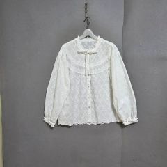 Vintage フリルブラウス 白 レオパード柄 リボンタイ 長袖 レトロ 