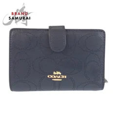 美品 COACH コーチ シグネチャー ネイビー ゴールド金具 レザー C2046 折り財布 コンパクトウォレット レディース 601975【中古】