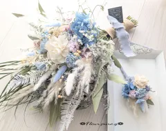 ✿限定販売✿春色ブーケ&ブートニアセット✿ニュアンスカラー✠優しい淡色ブルーホワイトのブーケ✠ドライフラワー✠前撮り✠結婚式✠ウェディングフォト✠ブライダルブーケ