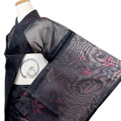 未着用 夏用 通風紗 二重紗 小紋 身丈157 裄65 黒地 花 着物 062b 