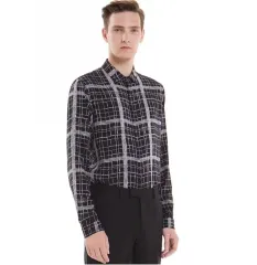 (新品) SANDRO オム 新作 ブラック 白 バイカラー CHECK シャツ ビスコースのサムネイル
