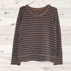 A1603 ベイフロー BAYFLOW Tシャツ 長袖 ロンT(3) 茶 ボーダー 総柄 綿 Vネック ノーカラー