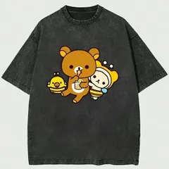 送料無料 100%コットン（トレーナー リラックマ）おもしろい熱転写3Dプリント ヴィンテージTシャツ ウォッシュドコットン オーバーサイズプリント メンズ　レディース 半袖 パロディ Tシャツ 「バックプリント可能､備考必須」