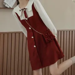 人気商品 フレンチレトロレイヤード風バイカラーワンピース レディース 韓国 ワンピース 長袖 リボンタイ 学生 ポシェット付き