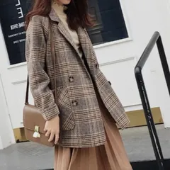 人気商品 クラシカルガーリー グレンチェックチェスターコート 　　レディース 韓国 ファッション コート チェック柄 チェスターコート ブラウン S M L XL
