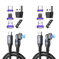 【新品】 16pin USB-A/C両用6in1マグネット磁気充電ケーブル 240W/5A急速充電 同期データ転送 16ピン専用 L字兼用 180度回転 Type-C ライトニング Micro用端子 USB A アダプター ヘッドホルダー 急速充電 磁石  1