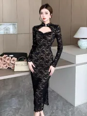 人気商品 美しい総レースのロングワンピース　結婚式 パーティー セクシー 胸元カットライン