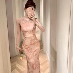 人気商品 25年新作｜花柄ホルターネックロングドレス★結婚式・パーティーーに最適★スリット入り★｜ロング丈・花柄・ホルターネック・スリット｜結婚式 二次会 お呼ばれ パーティー｜ドレス｜高見え｜美シルエット｜着痩せ｜体型カバー
