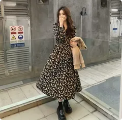 花柄ロングワンピース 春秋 レディース ゆったり シルエット 長袖 フレアワンピース 体型カバー カジュアル おしゃれ デイリー ロング丈A-20