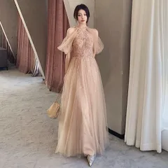 人気商品 美しいイブニングドレス ロング丈 チュールとスパンコール刺繍 ヌーディーカラー