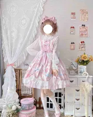 人気商品 新品未使用 オリジナルデザイン ロリータ風 小花うさぎ ジャンパースカート（JSK） 桜色＆スモーキーブルー 吊りスカート 可愛いウエディング風 イベント用 コスプレ衣装 優雅なフリル ハイウエストワンピース 夏季向け