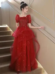 人気商品 ウエディングドレス 二次会 前撮り 大きいサイズ 結婚式/二次会ドレス 海外挙式 ウェディングドレス ライトドレス 花嫁ドレス ロングドレス 後撮り 結婚式 スレンダードレス 半袖 ワンピース 宴会 司会者　ワインレッド