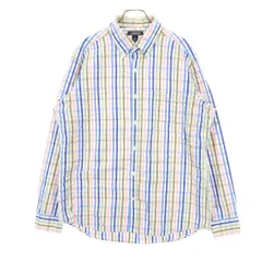 美品 LANDS' END ランズエンド コットン チェック柄 マルチカラー 長袖 ボタンダウンシャツ L ブルー系 メンズ 古着