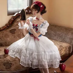 人気商品 新品未使用 オリジナルデザイン ロリータ風 姫系 白雪姫モチーフ スノーホワイトドレス 軽花嫁風 短袖ワンピース 夏用 豪華レース装飾 イベント＆コスプレ向け ハイウエストデザイン コスプレ衣装