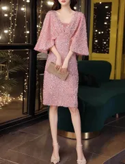 人気商品 パーティードレス ミニ丈 膝丈 ワンピース 半袖  Vネック 結婚式 ドレス 二次会 スパンコール きらきら ビジュー タイトスカート お呼ばれ 結婚式ワンピース かわいい ピンク 0804