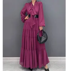 人気商品 ワンピース Aライン 長袖 レディース マキシ丈 ワンピ リゾートワンピ リゾートワンピース aラインワンピース 通勤 フォーマル ベルト付き 大人 おしゃれ パープル 1299